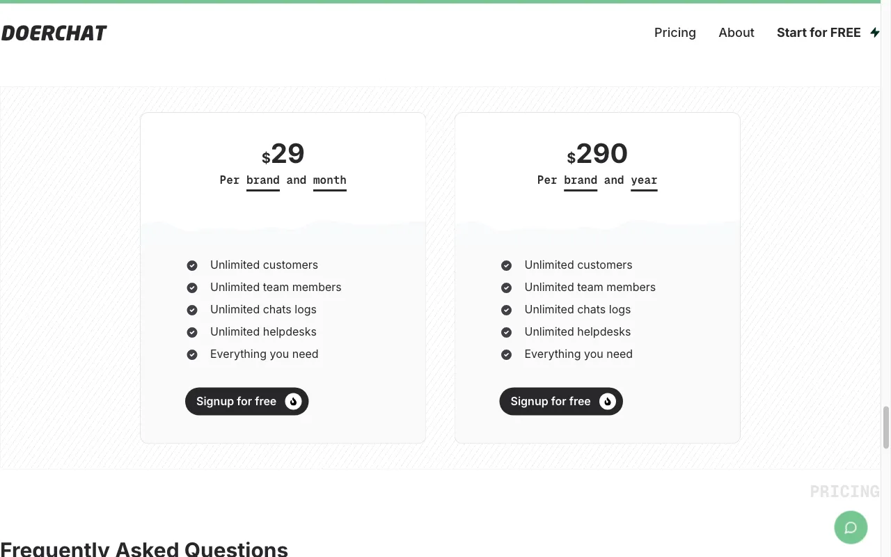 Doerchat - Spend less time on customer support — pricing page