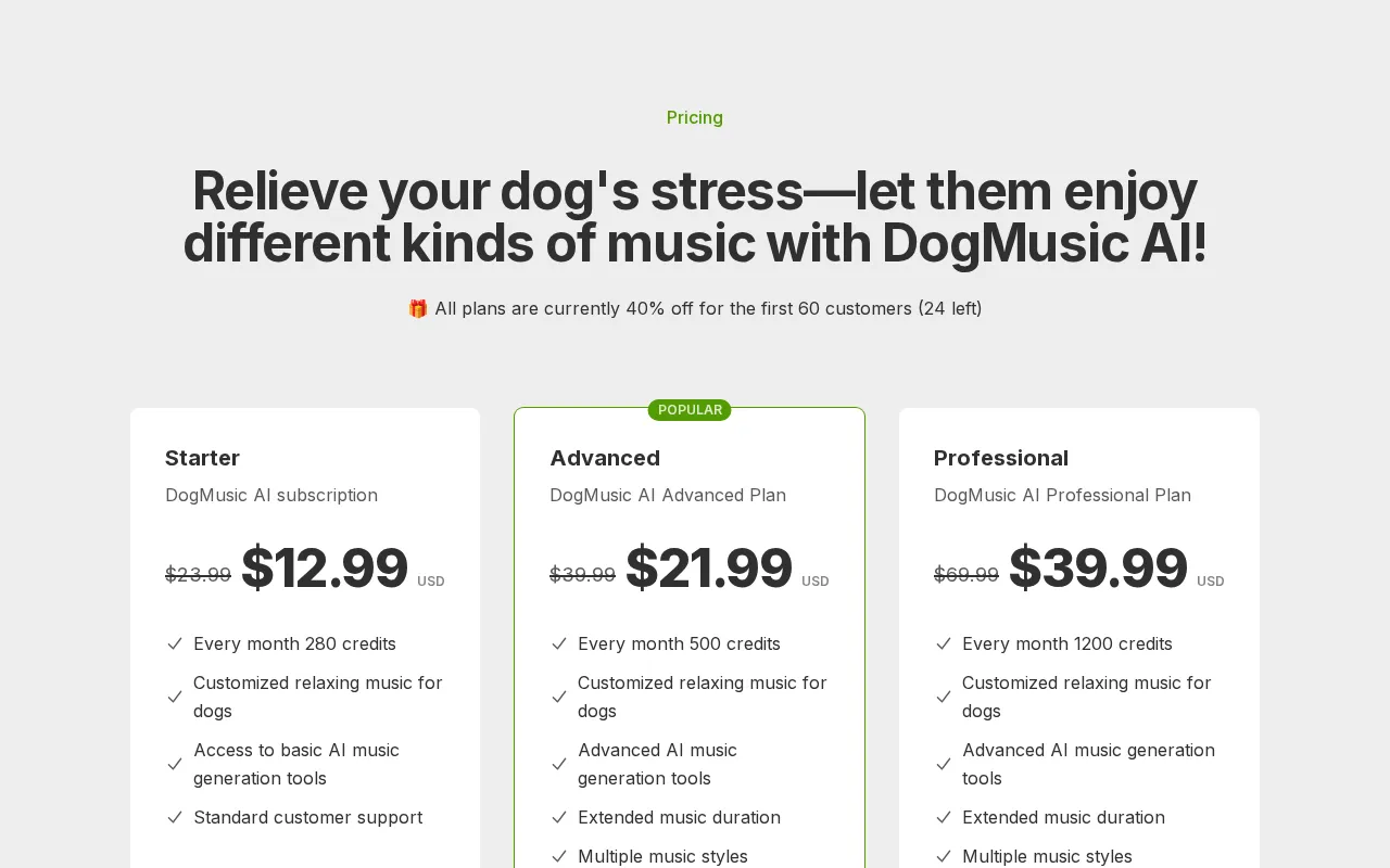DogMusic AI — pricing page