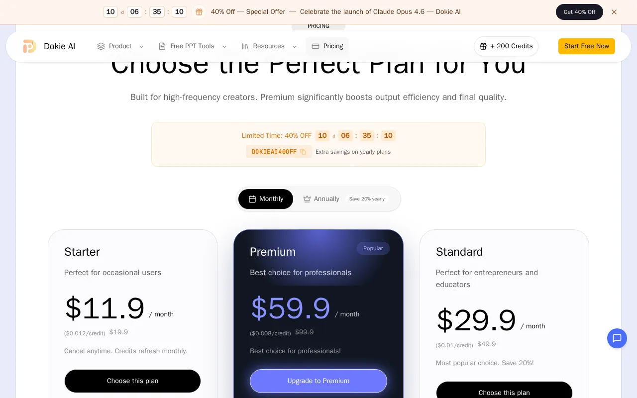 DokieAI.com — pricing page