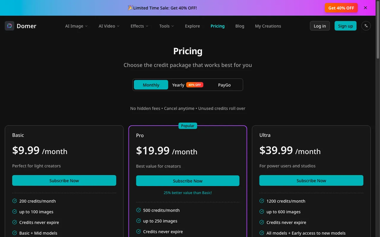 Domer AI Video Generator — pricing page