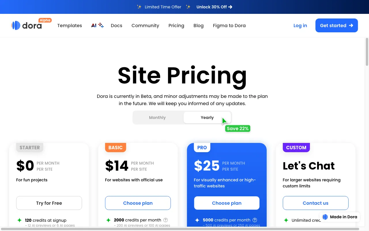 Dora AI (Alpha) — pricing page