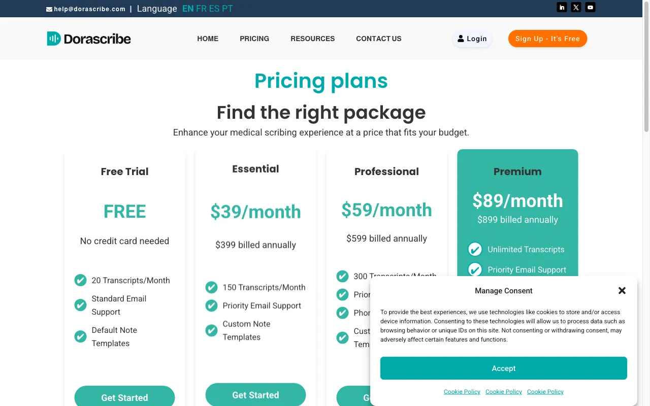 Dorascribe — pricing page