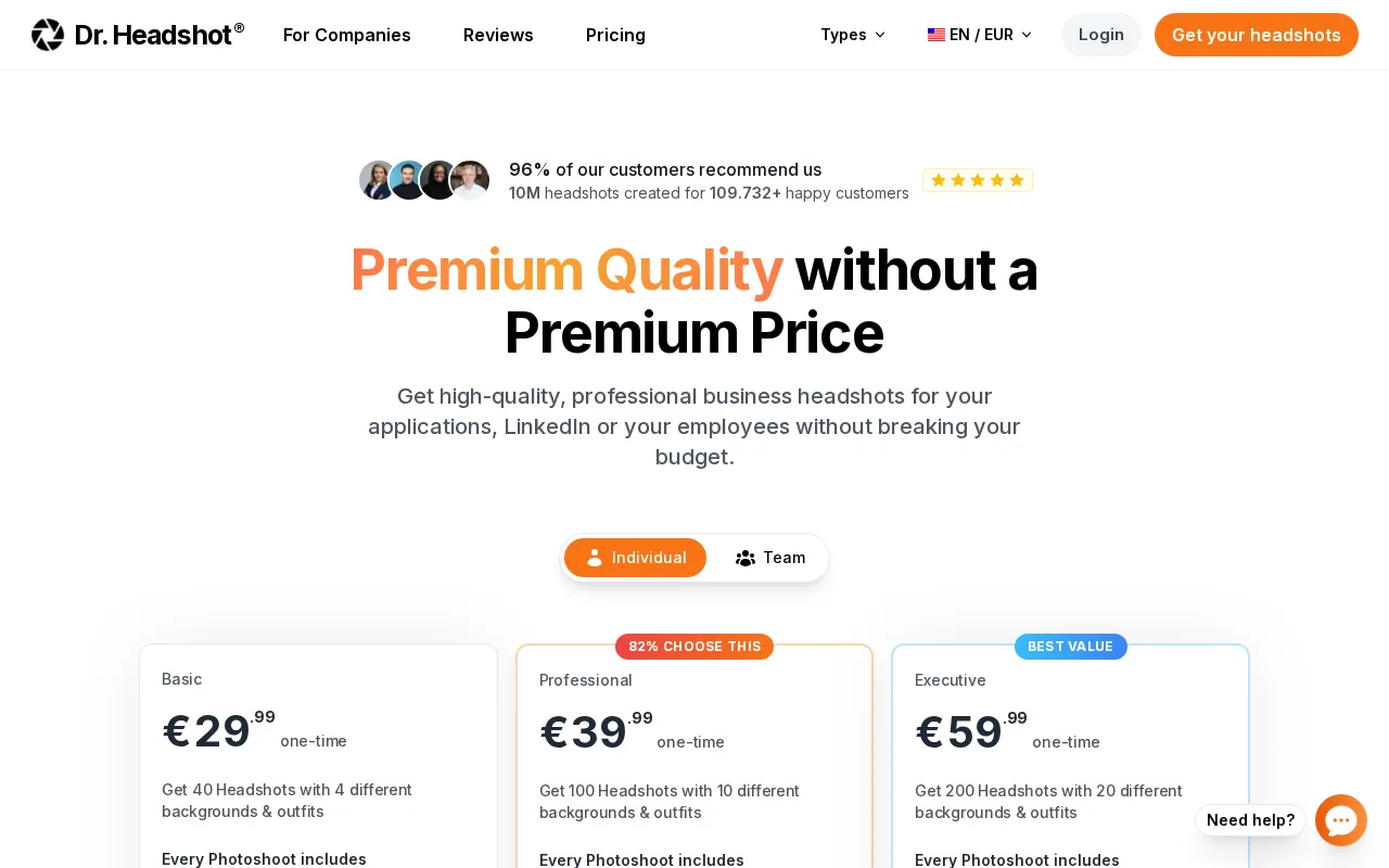 Dr. Headshot — pricing page