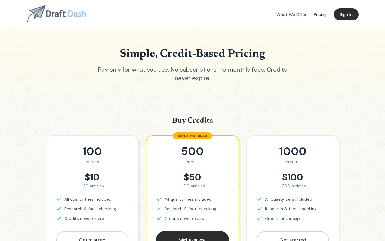Draft Dash — pricing page