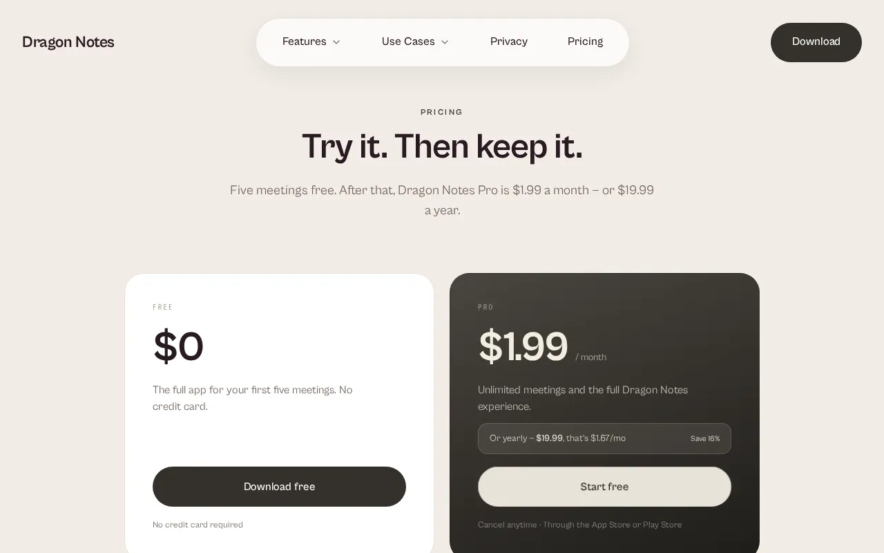 Dragon Notes — pricing page
