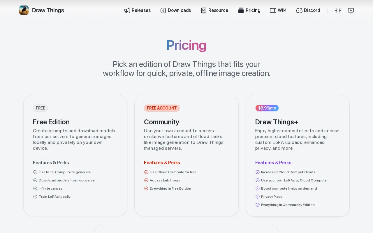 Draw Things — pricing page