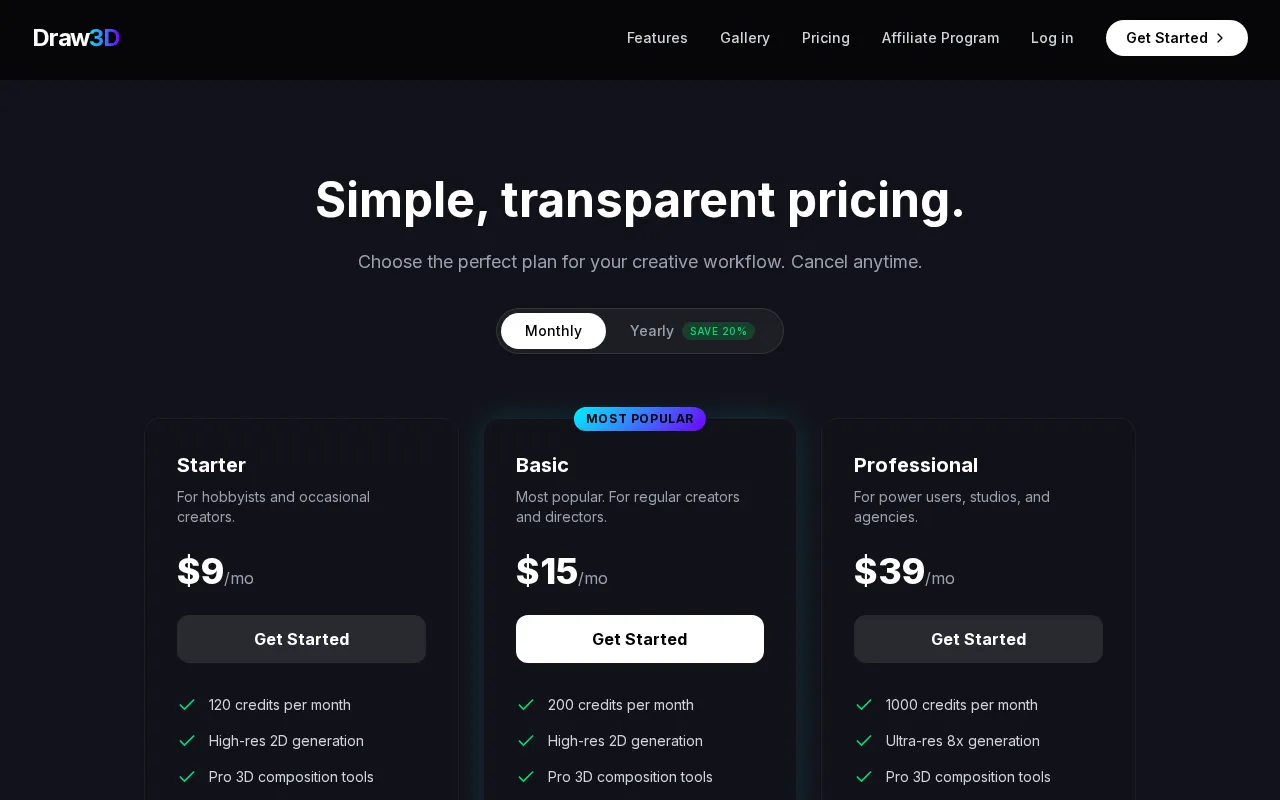 Draw3D — pricing page