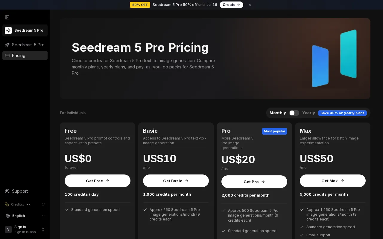 Dream 5 Pro — pricing page