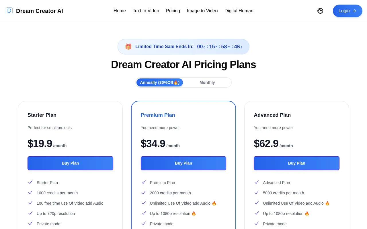 Dream Creator AI — pricing page
