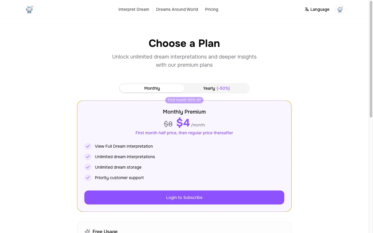 dream-interpretation.ai — pricing page