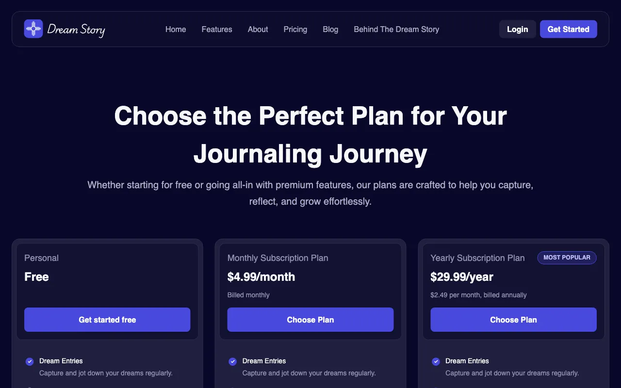 DreamStory — pricing page
