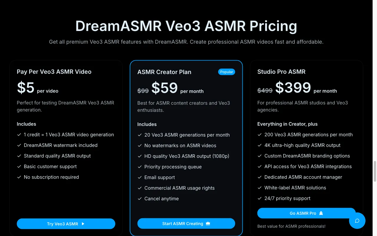 DreamASMR — pricing page