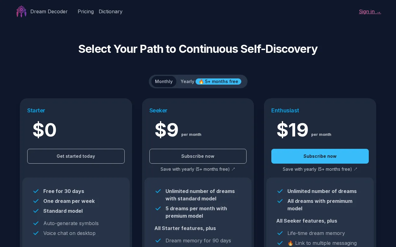 dreamdecoder.me — pricing page