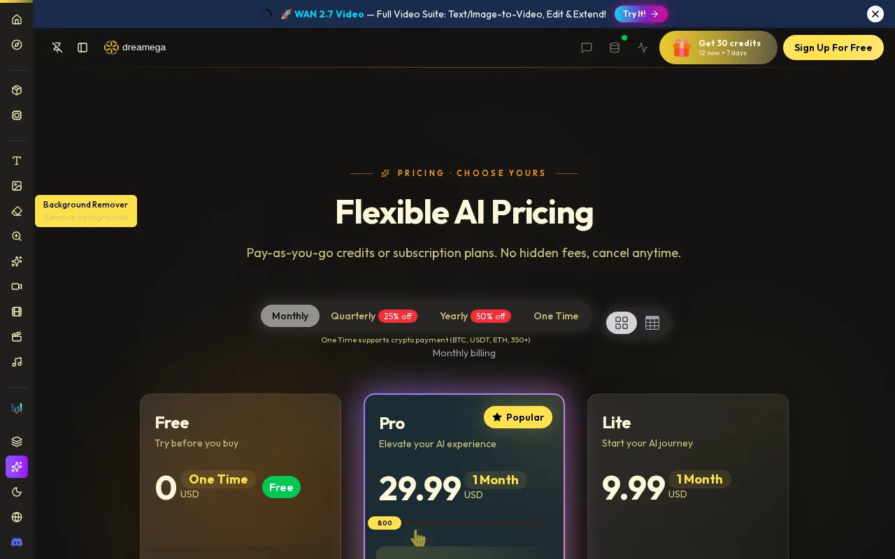 Dreamega AI — pricing page
