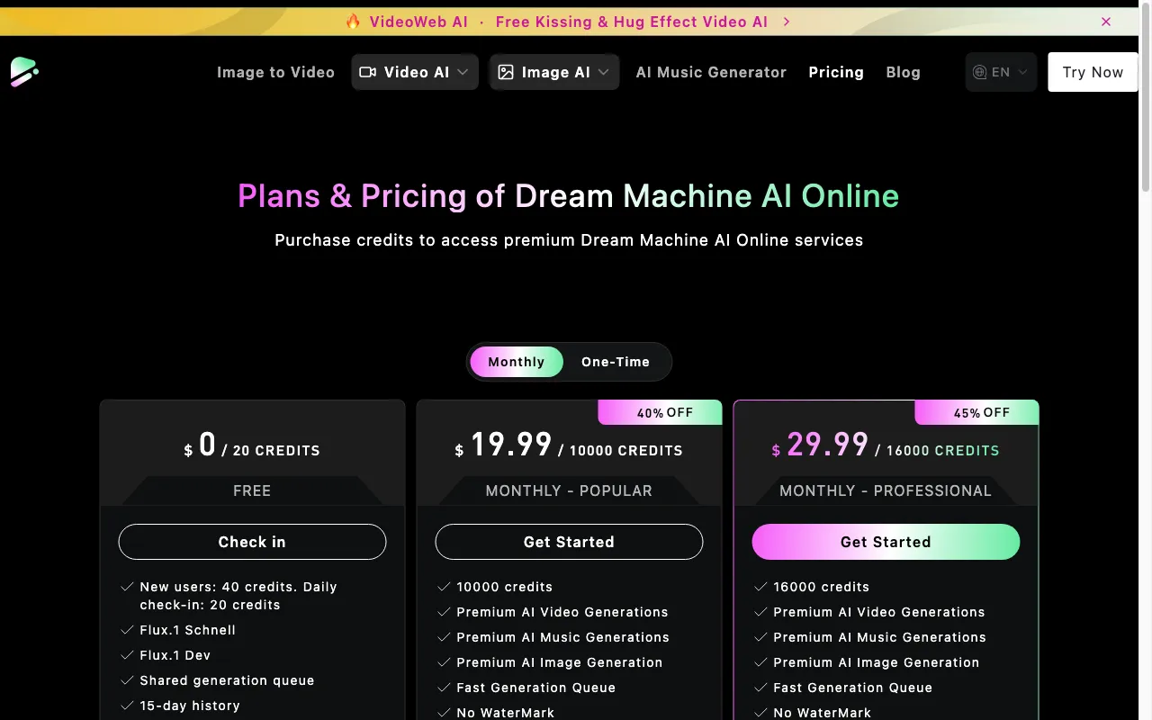 Dream Machine AI — pricing page
