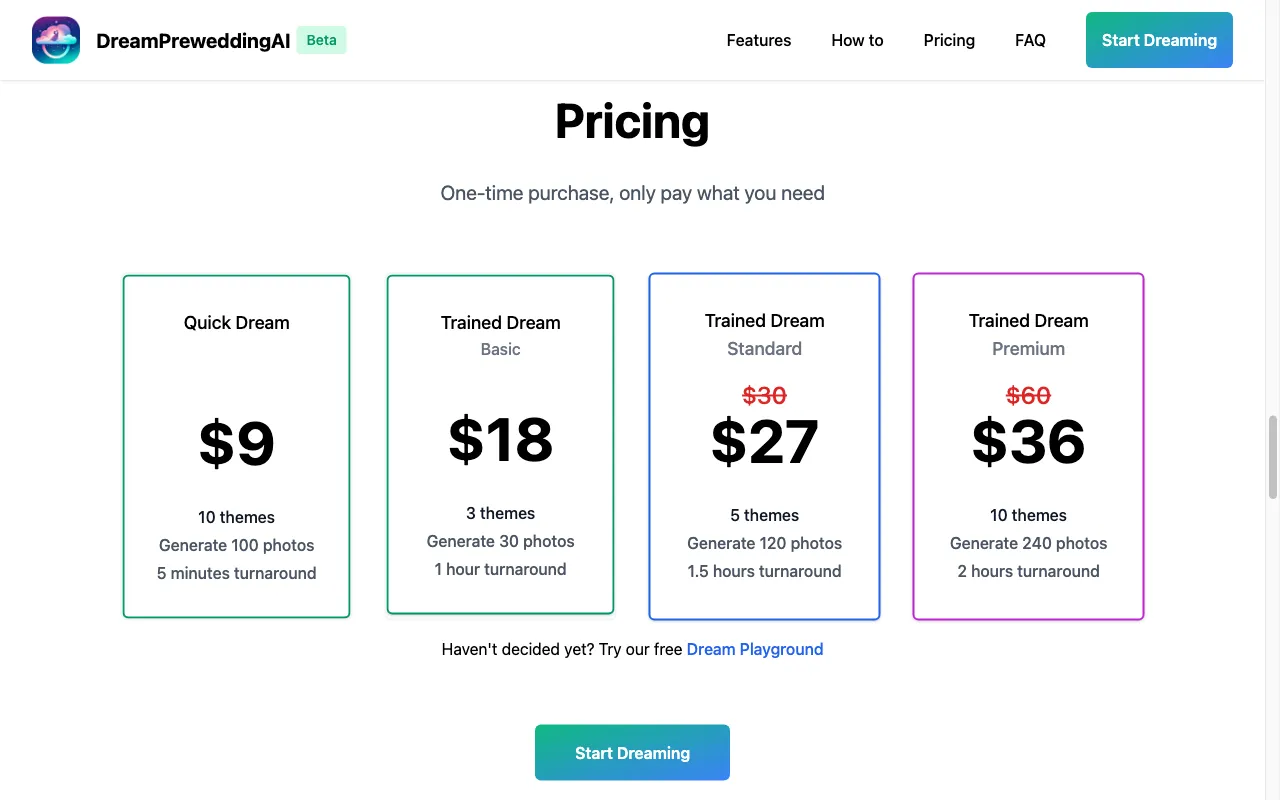 Dream Prewedding AI - Create your prewedding photos with AI — pricing page