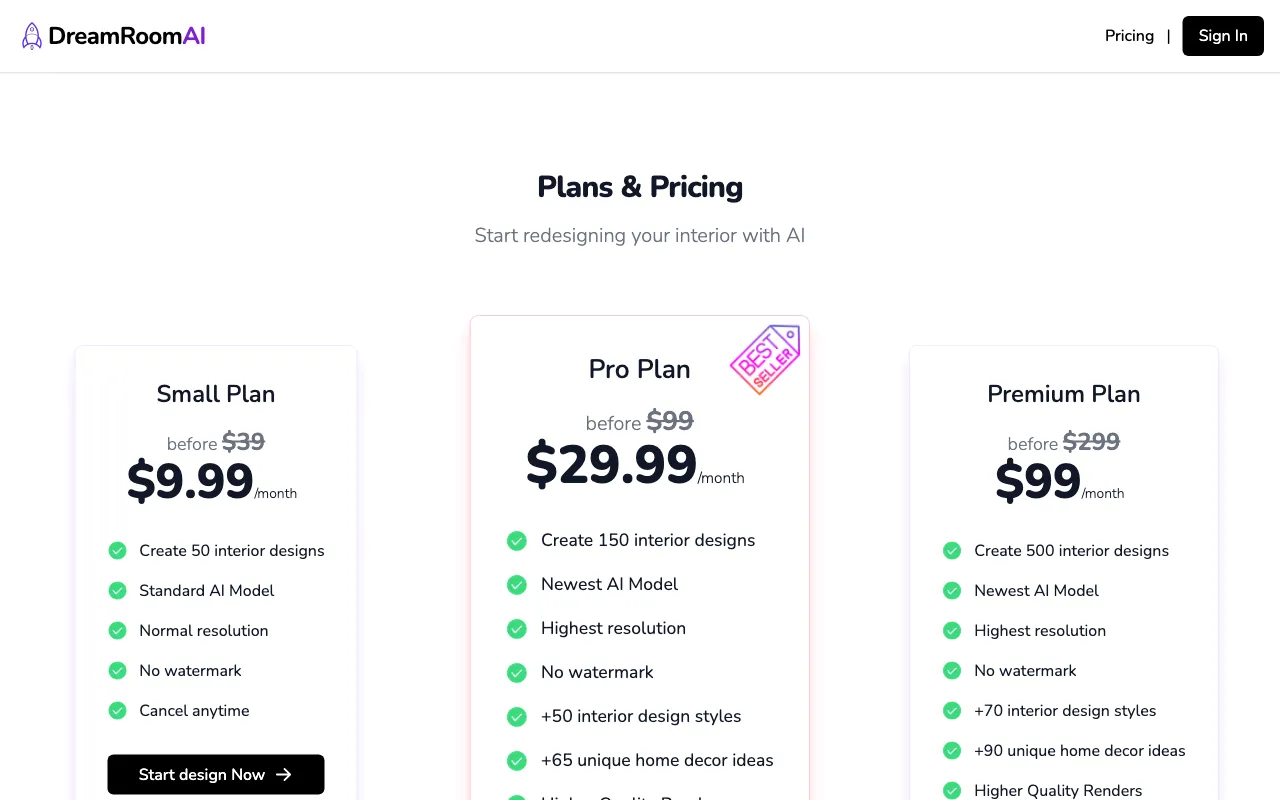 DreamRoomAI — pricing page