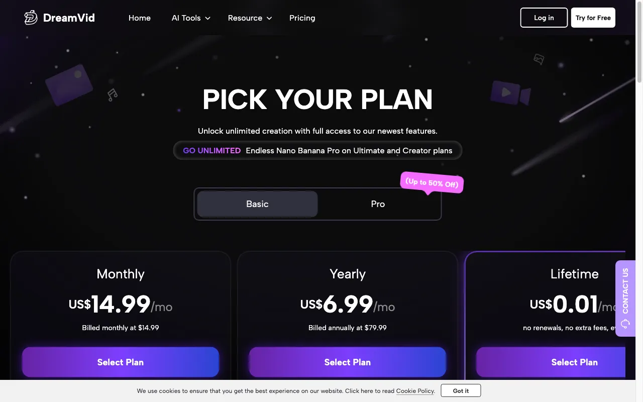 DreamVid — pricing page