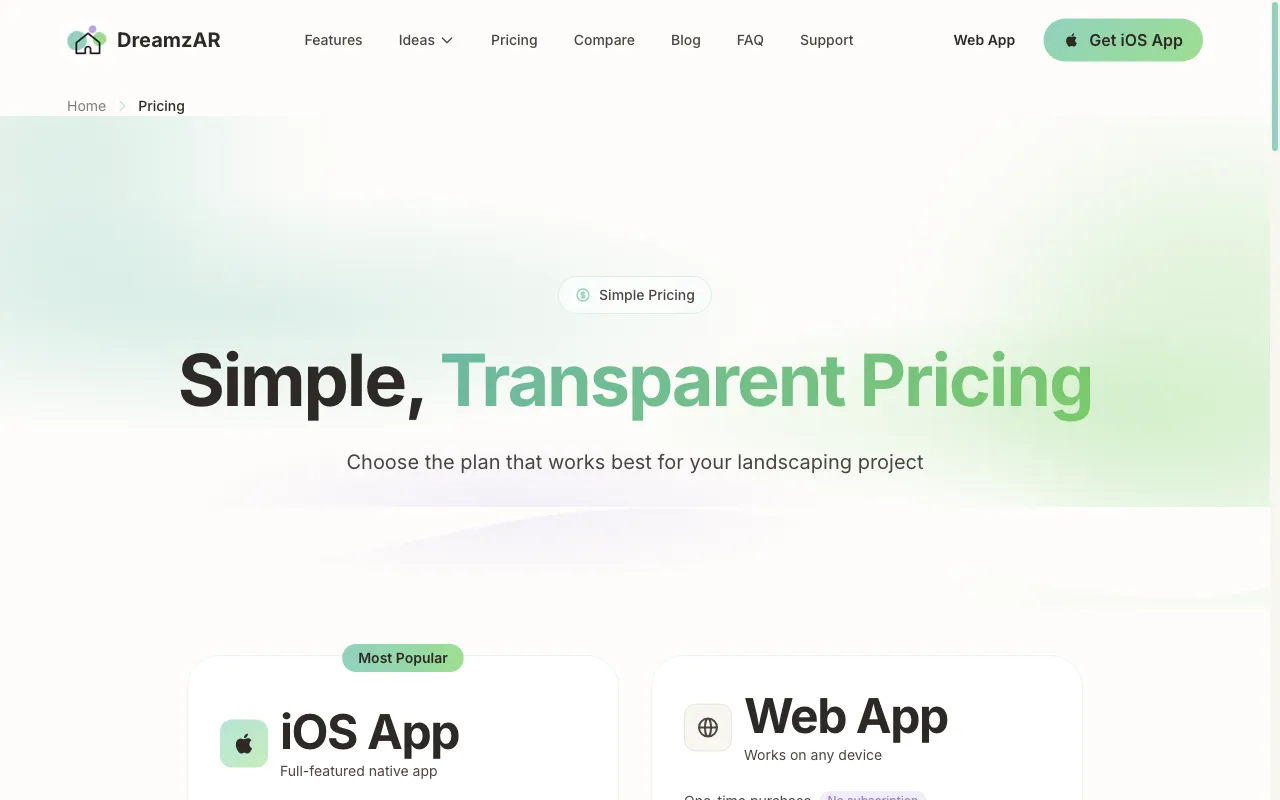 DreamzAR AI Landscape Design — pricing page