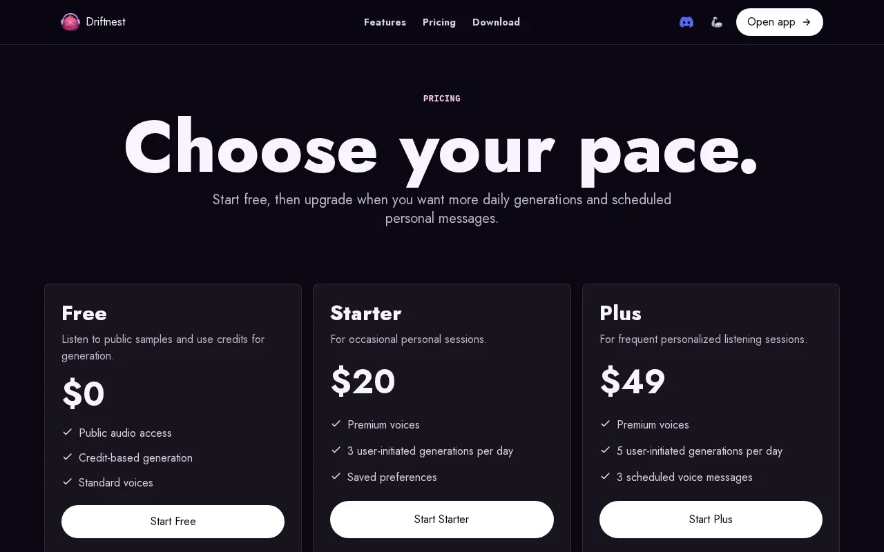 Driftnest — pricing page