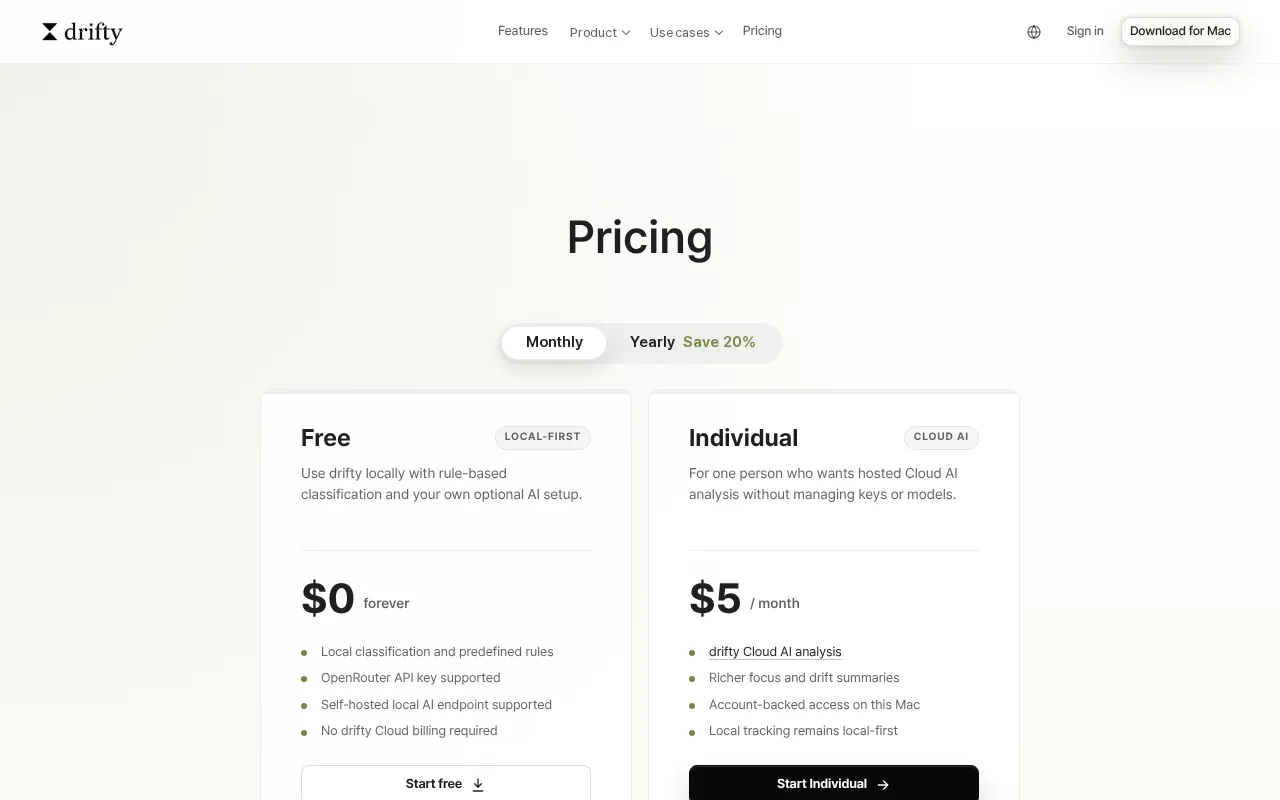drifty — pricing page