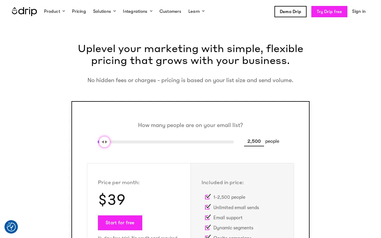 Drip — pricing page