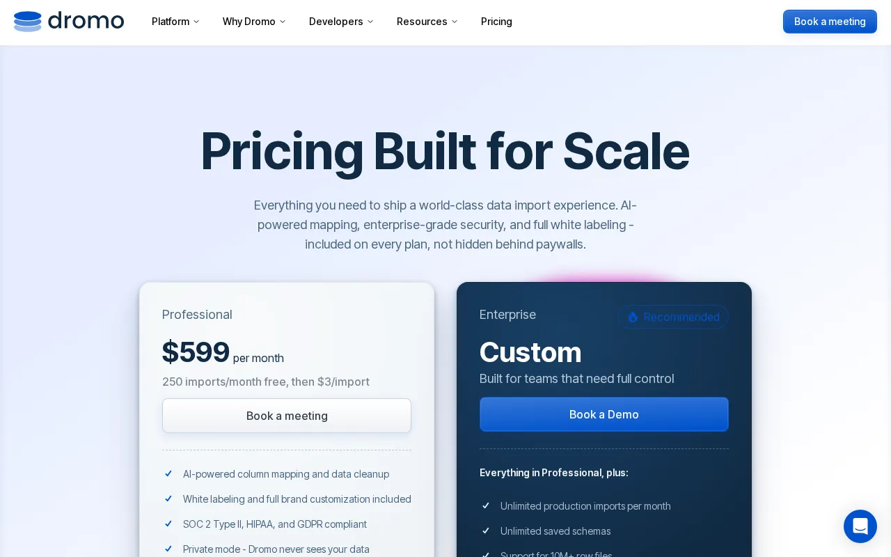 Dromo — pricing page