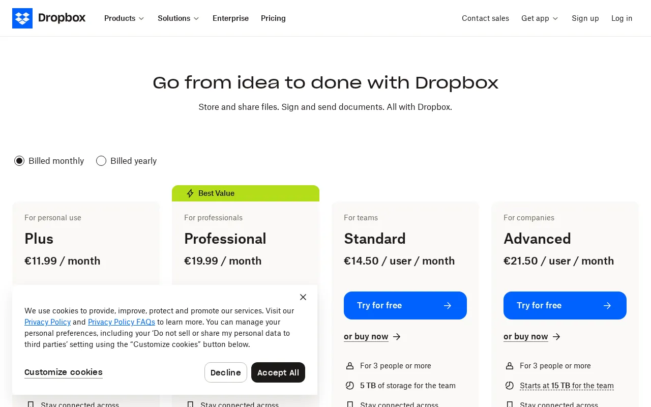 Dropbox — pricing page