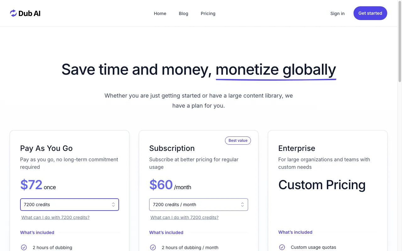 Dub AI — pricing page