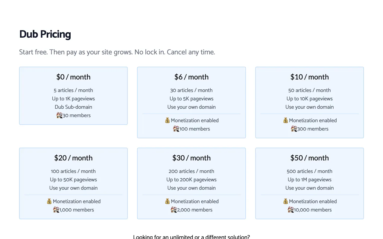 dub.io — pricing page