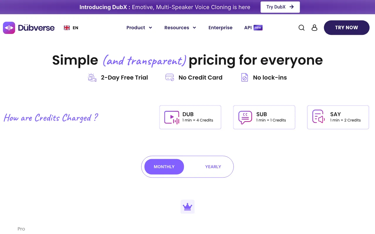 Dubverse — pricing page