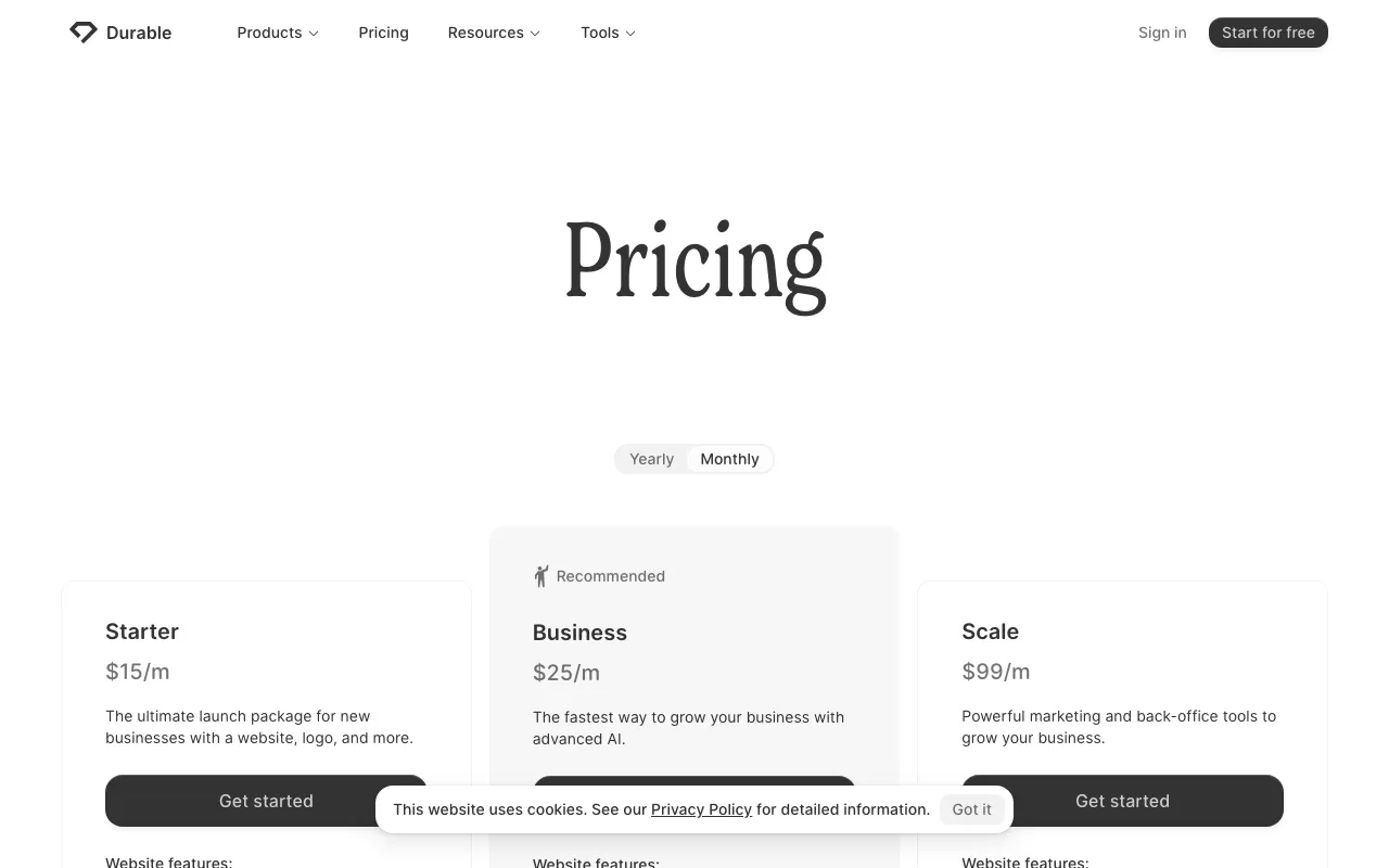 Durable — pricing page