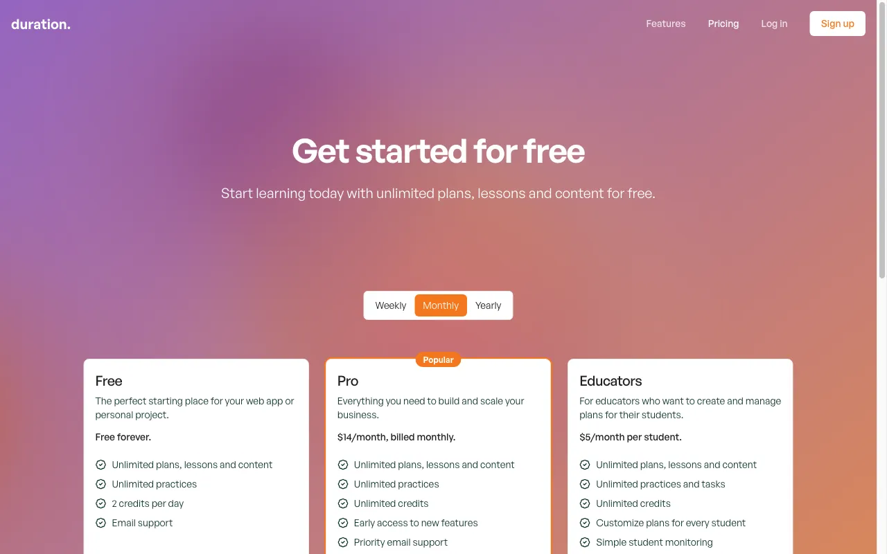 duration.ai — pricing page