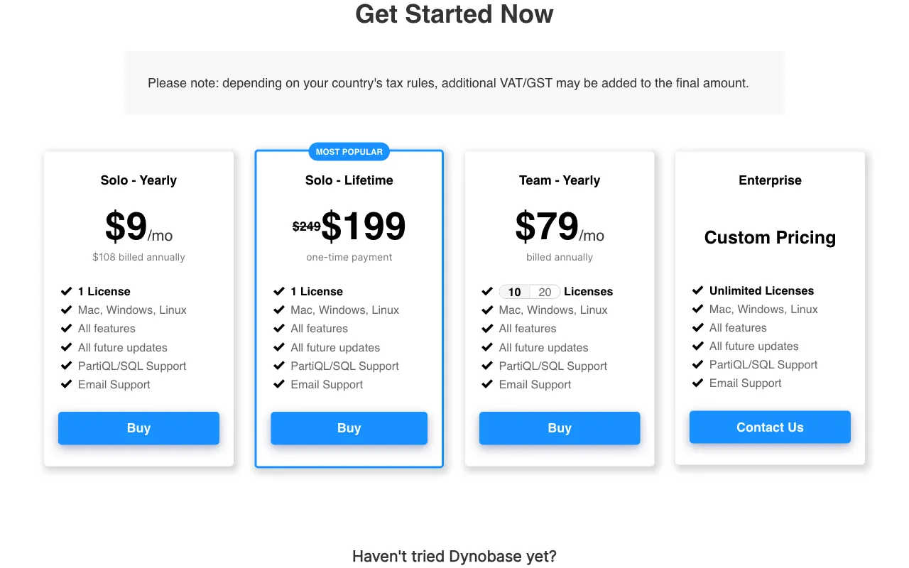 Dynobase — pricing page