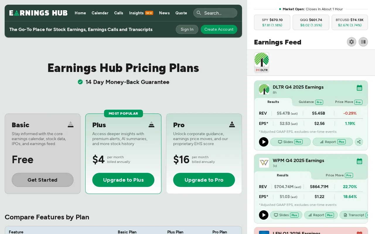 Earnings Hub — pricing page