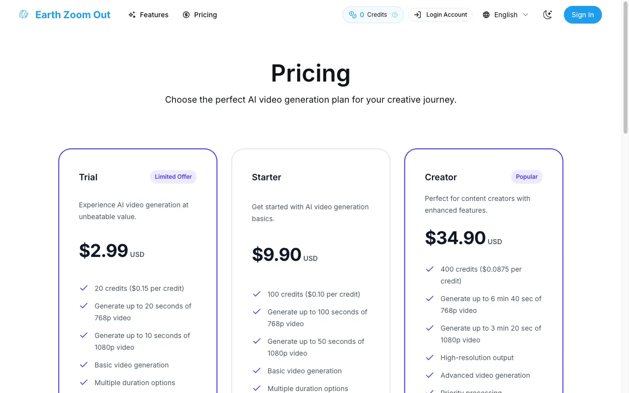 Earth Zoom Out AI — pricing page