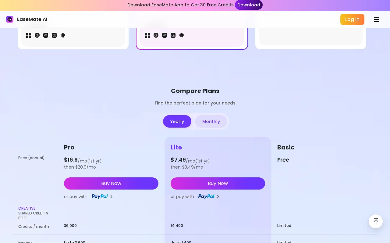 EaseMate - Your AI Partner for Seamless Creativity and Productivity — pricing page