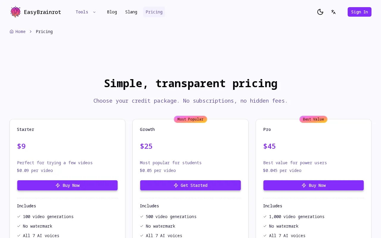 EasyBrainrot — pricing page