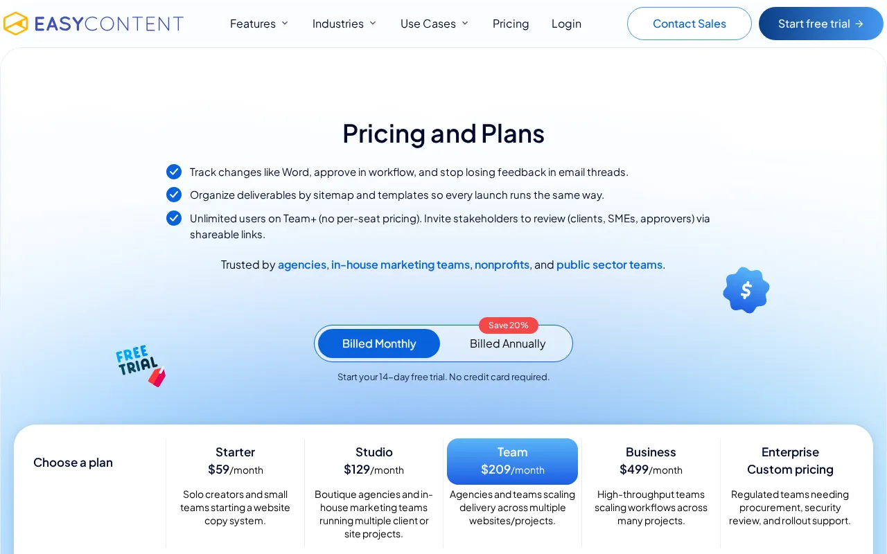 EasyContent — pricing page