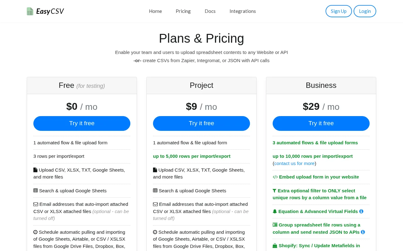Easycsv — pricing page