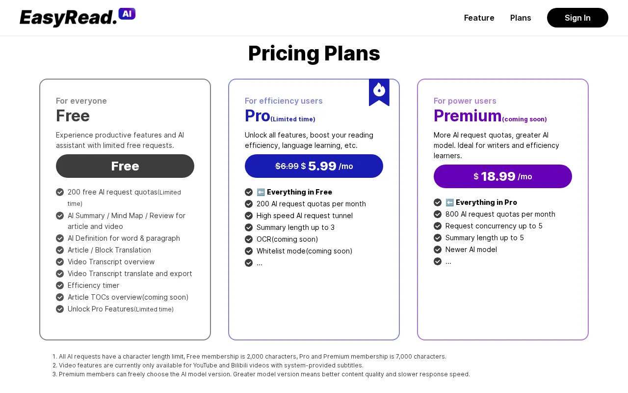 EasyRead — pricing page