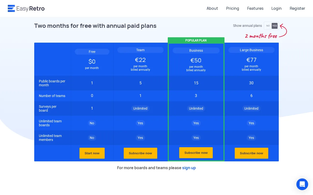 EasyRetro — pricing page