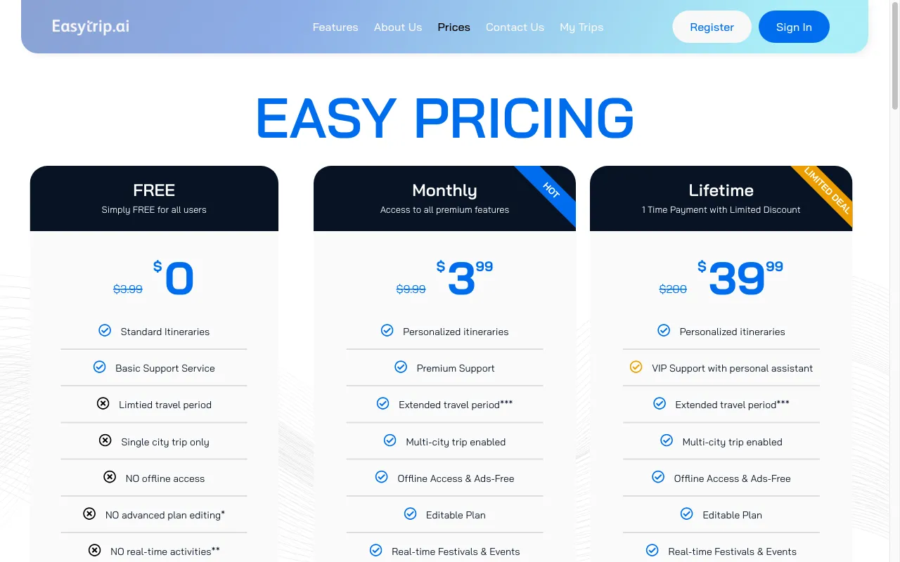 EasyTrip AI — pricing page