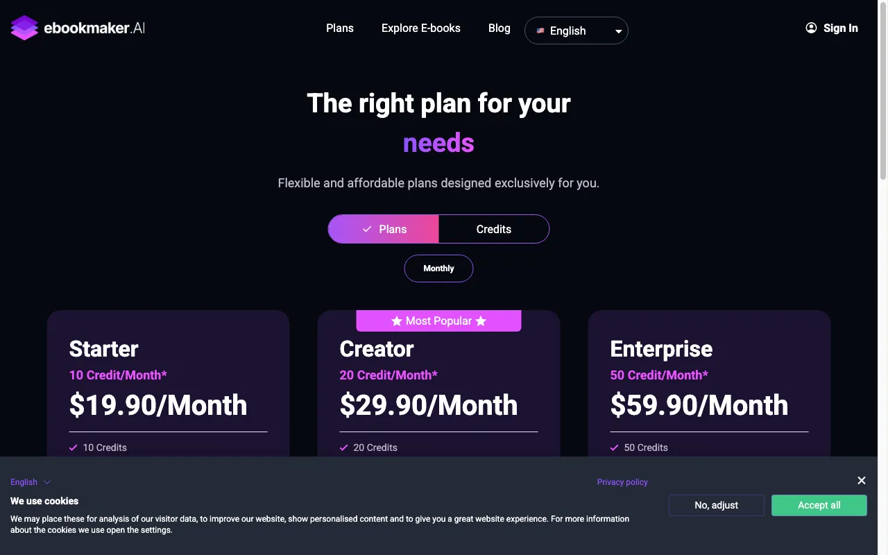 ebookmaker.ai — pricing page