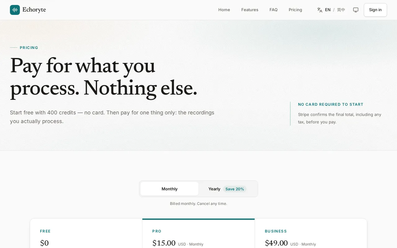 Echoryte — pricing page