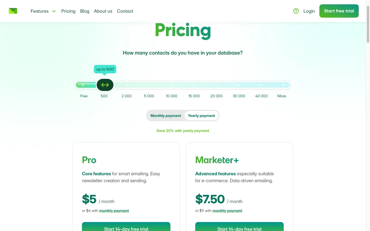 Ecomail — pricing page