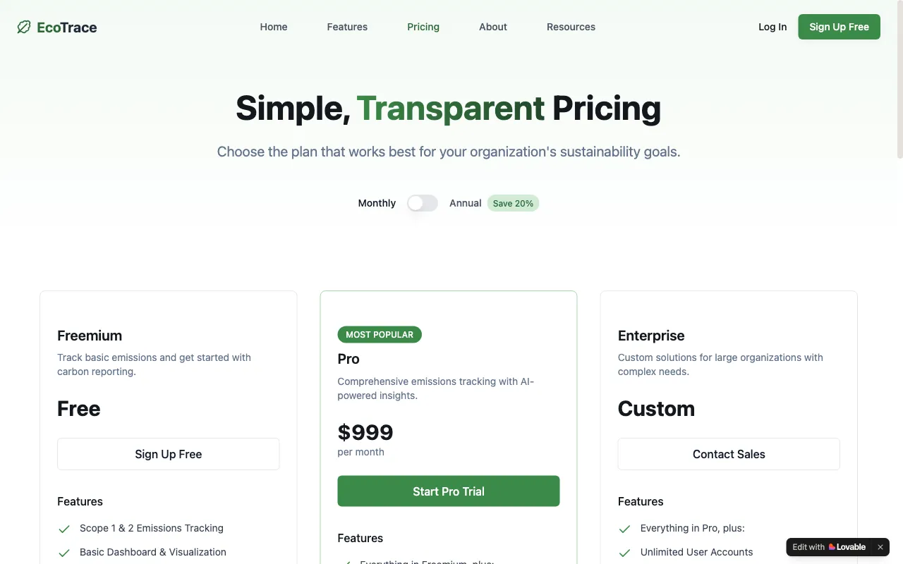 EcoTrace — pricing page
