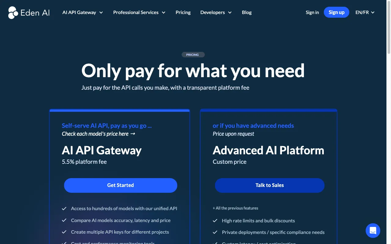 Eden AI — pricing page