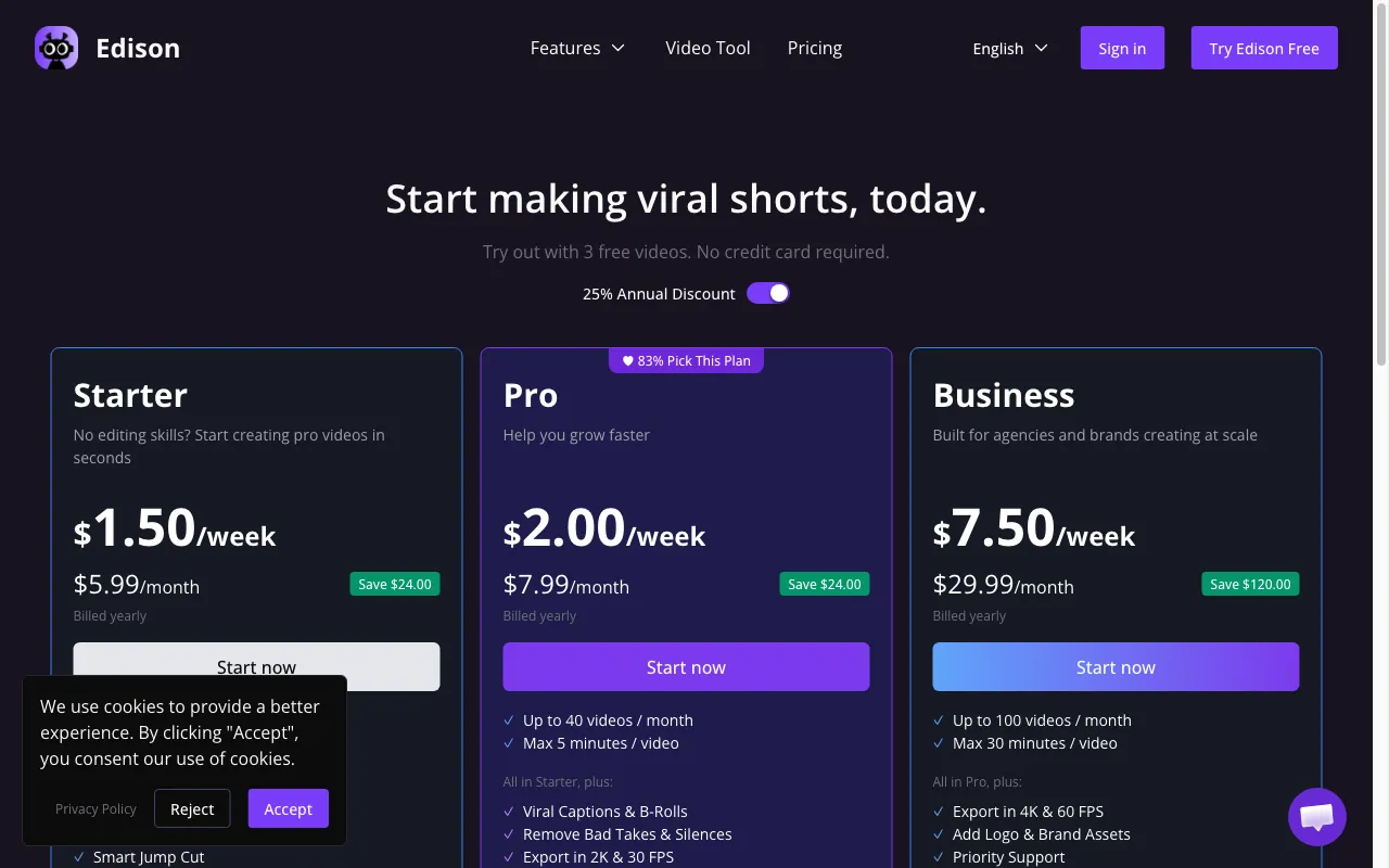 Edison — pricing page