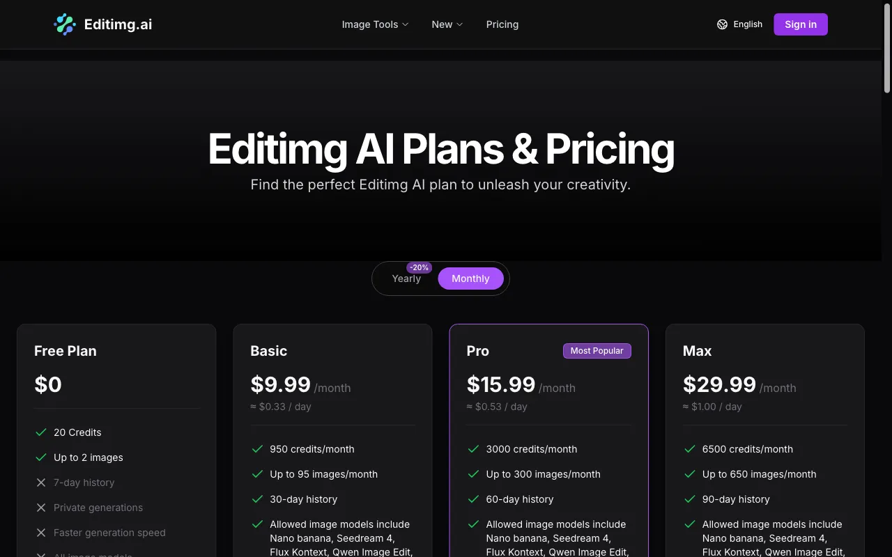 Editimg AI — pricing page